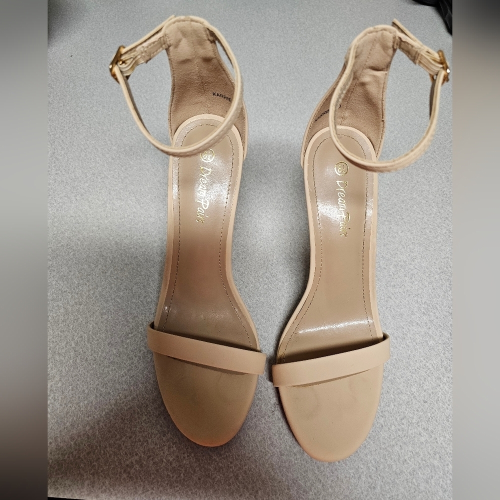 Dream Pairs Cream Heels with Thin Ankle Strap and Block Heel